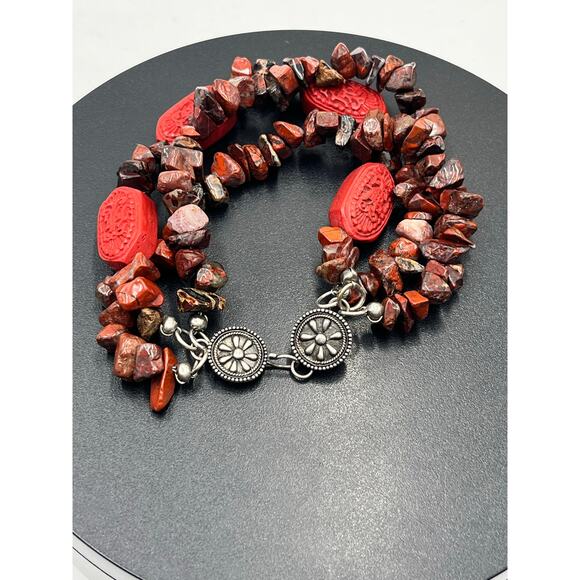 Vintage 925 Sterling Silver Garnet & Cinnabar Triple Strand 8” Bracelet 47.8g - Picture 2 of 11